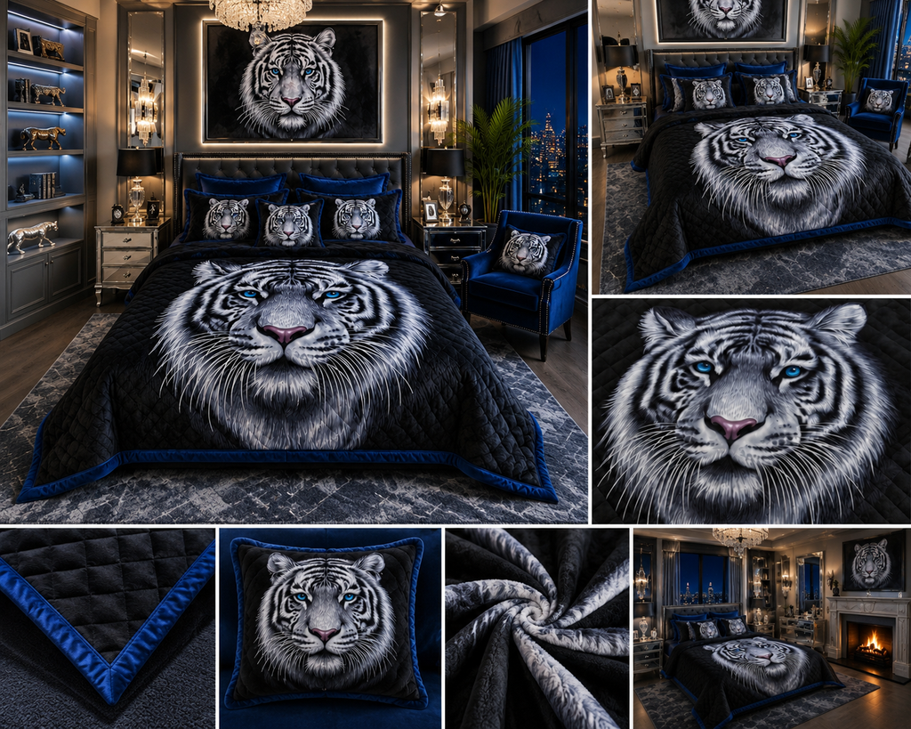 Majestic White Tiger Blue Eyes Luxury Plush Blanket – Black & Royal Blue Wildlife Bedding