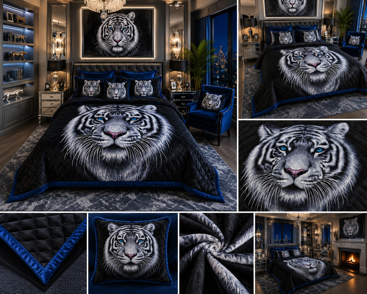Majestic White Tiger Blue Eyes Luxury Plush Blanket – Black & Royal Blue Wildlife Bedding