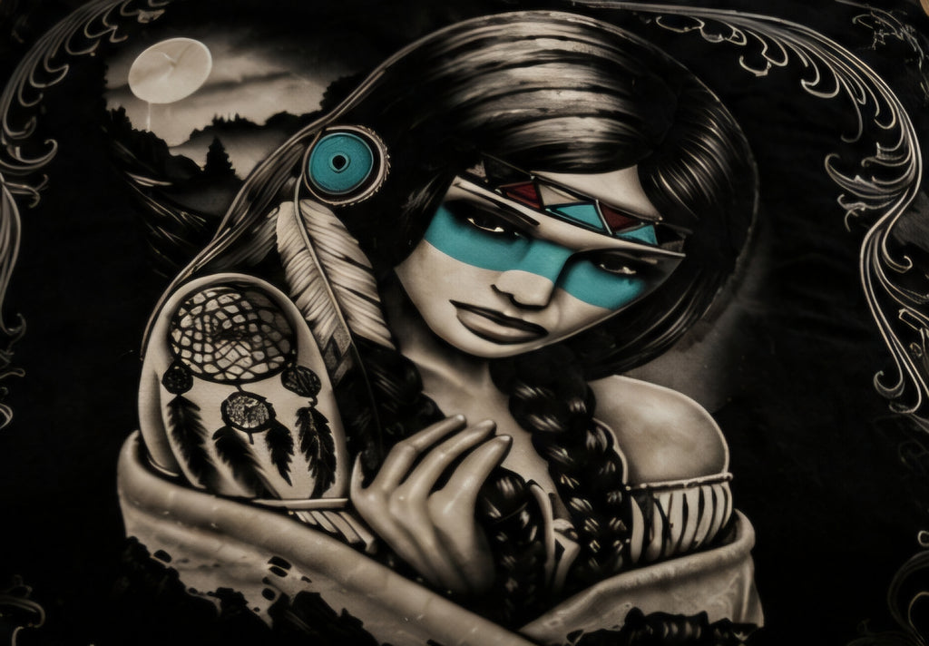 Turquoise Native-Inspired Woman Dreamcatcher Luxury Plush Blanket – Black Western Fantasy Bedding