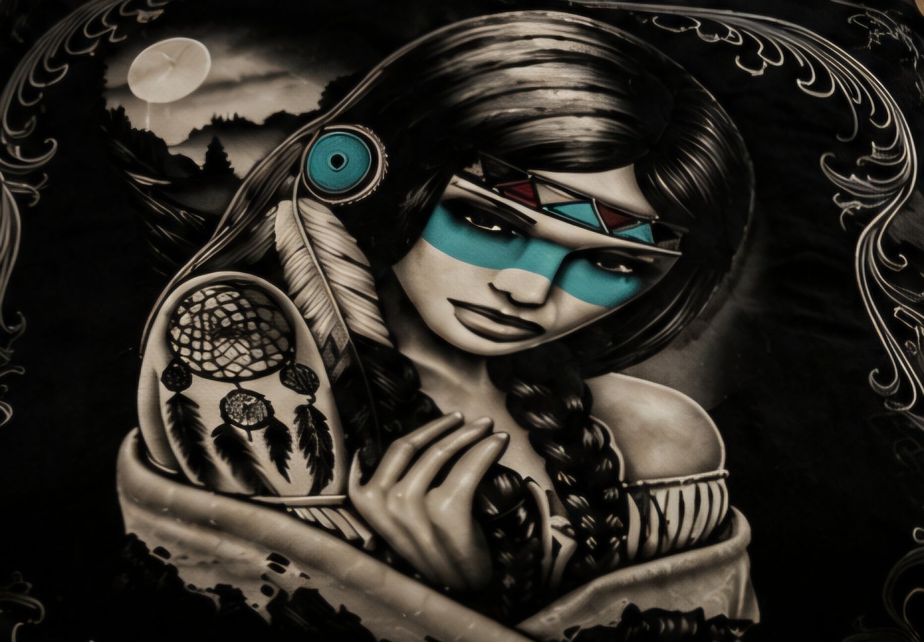Turquoise Native-Inspired Woman Dreamcatcher Luxury Plush Blanket – Black Western Fantasy Bedding