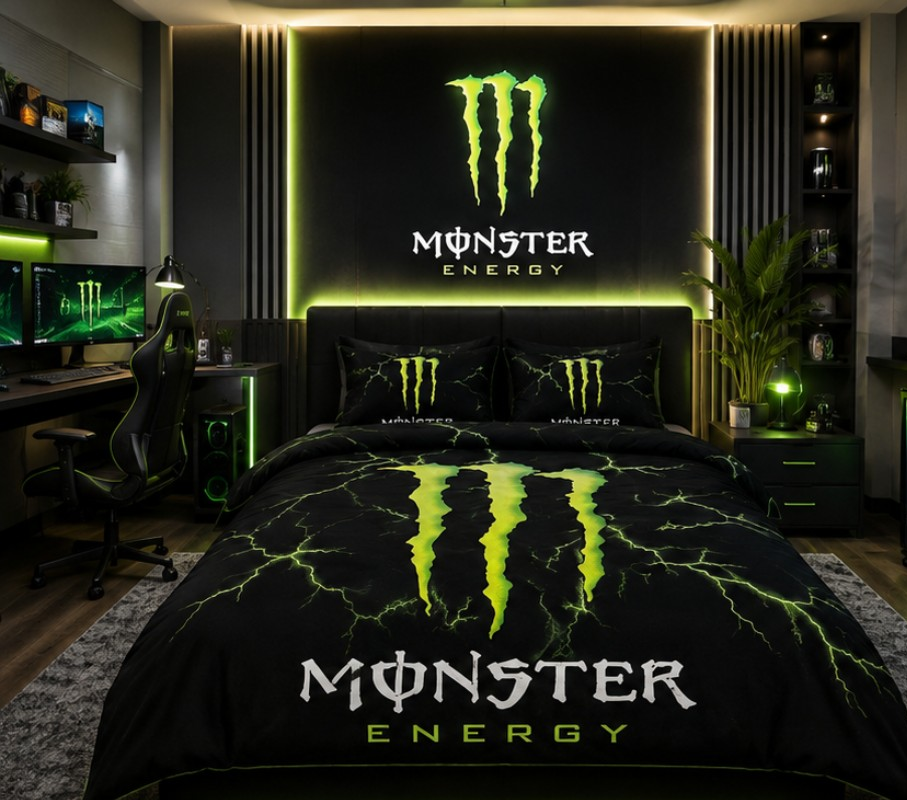 Monster Energy Black & Neon Green Comforter Set – Electric Gaming Style Bedding
