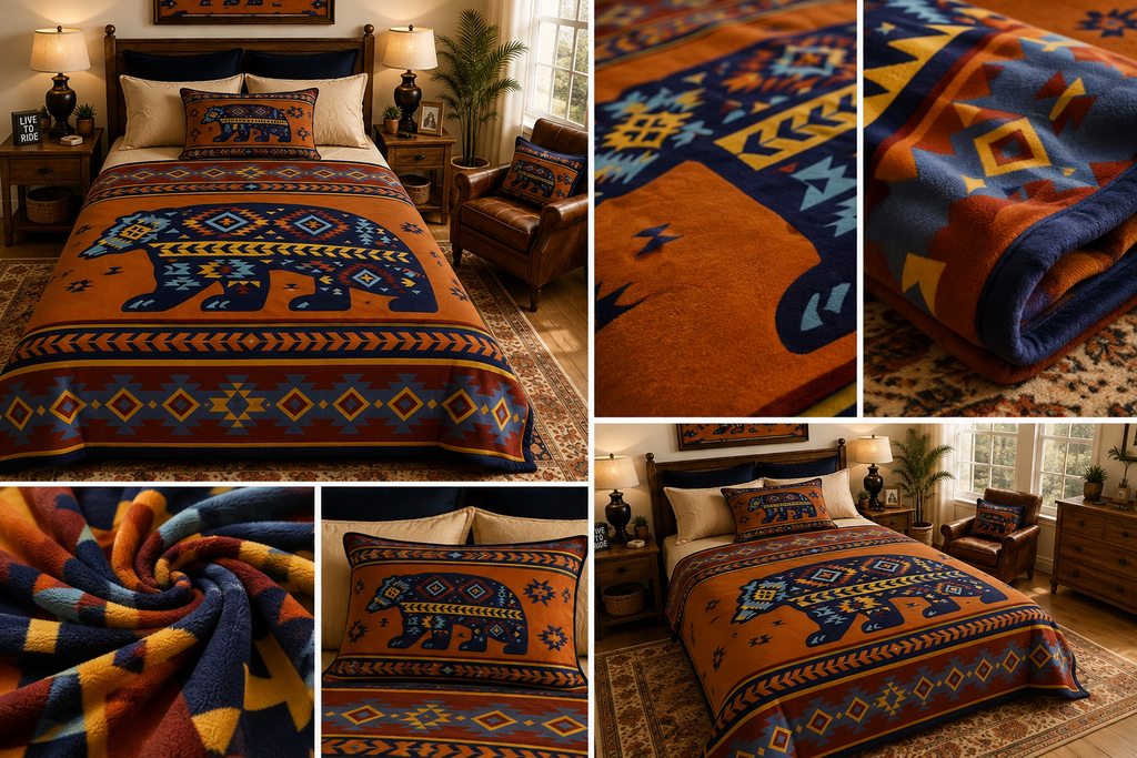 Southwestern Bear Geometric Luxury Plush Blanket – Rustic Tribal-Inspired Design