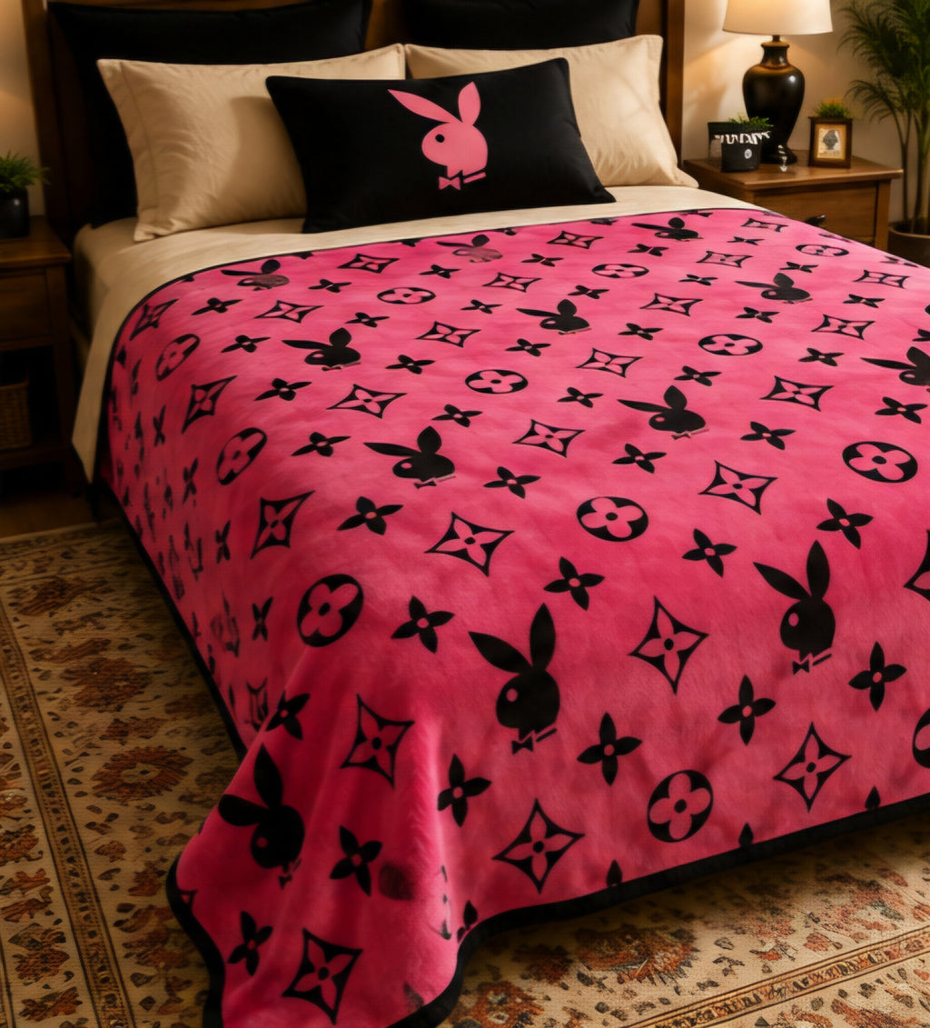 Pink & Black Bunny Monogram Luxury Plush Blanket