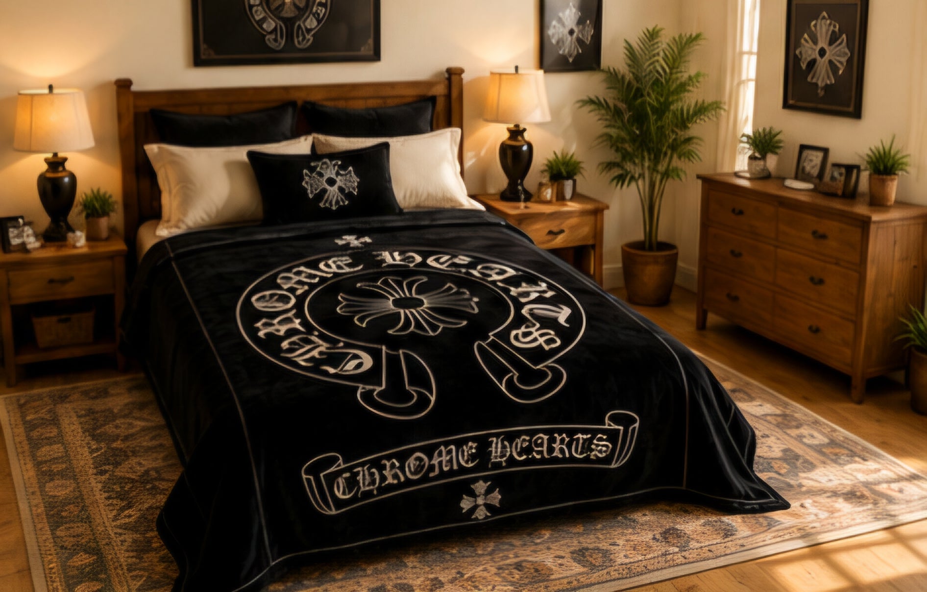 Black Gothic Cross Luxury Plush Blanket – Chrome Hearts Inspired Design