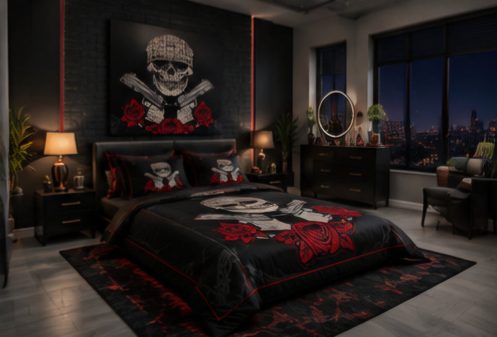 Black Skull & Red Roses Gothic Luxury Plush Blanket – Bold Dark Biker Style Bedding
