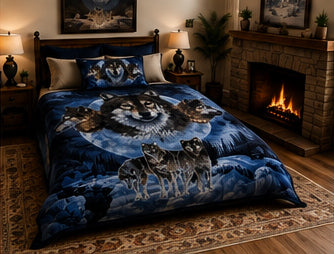 Majestic Wolf Pack Full Moon Luxury Plush Blanket – Blue Night Wildlife Bedding