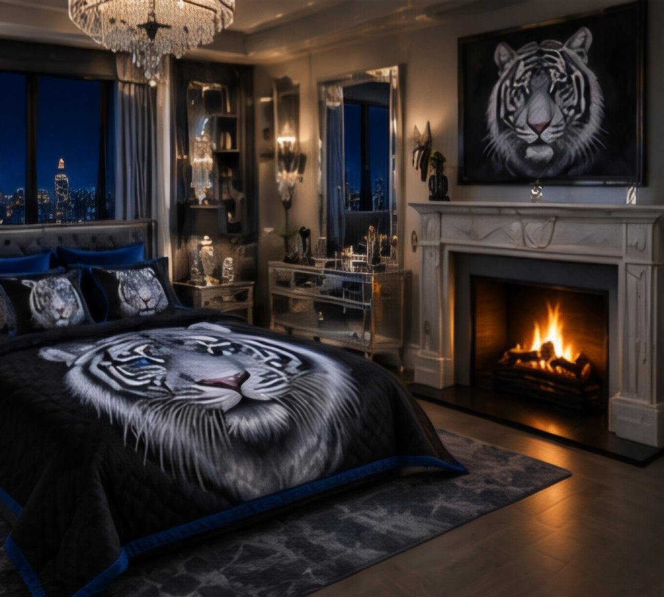 Majestic White Tiger Blue Eyes Luxury Plush Blanket – Black & Royal Blue Wildlife Bedding
