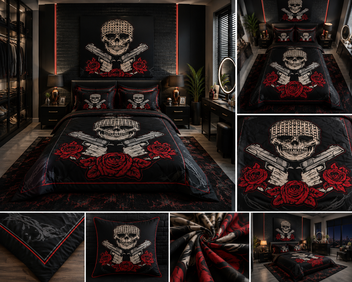 Black Skull & Red Roses Gothic Luxury Plush Blanket – Bold Dark Biker Style Bedding
