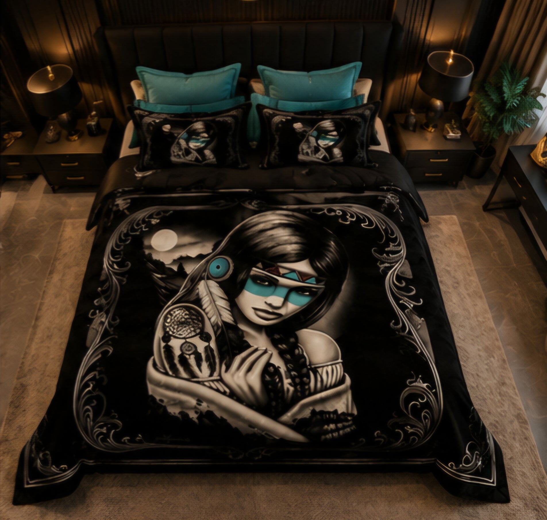 Turquoise Native-Inspired Woman Dreamcatcher Luxury Plush Blanket – Black Western Fantasy Bedding