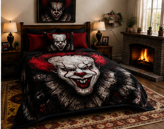 Dark Red & Black Horror Clown Luxury Plush Blanket – Gothic Scary Character Bedding