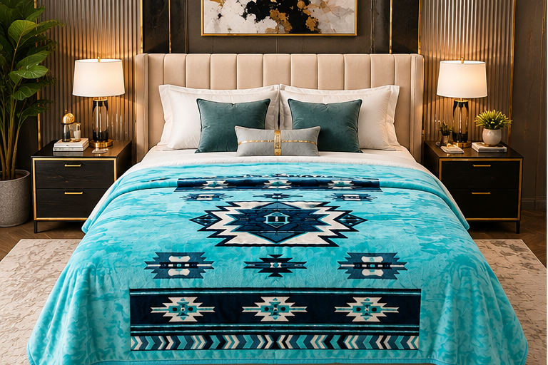Turquoise Southwestern Geometric Luxury Plush Blanket