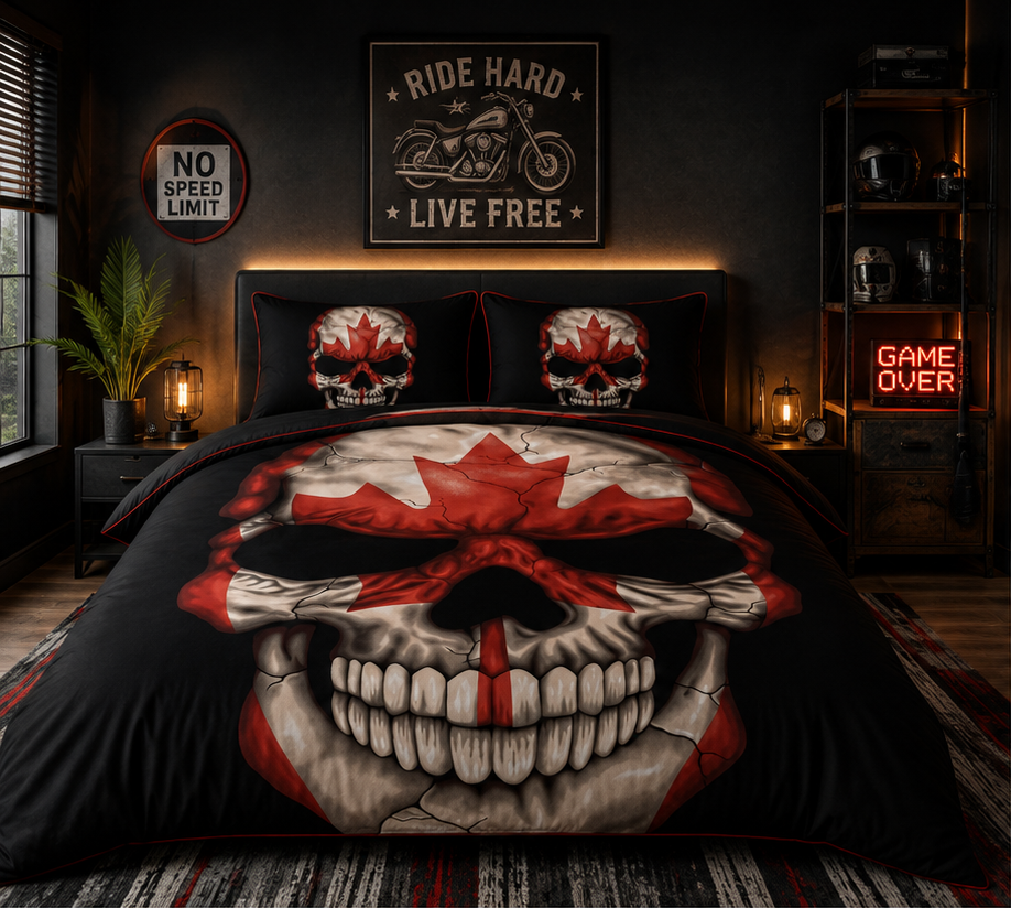 Canadian Skull Comforter Set – Red & White Maple Leaf Biker Style Bedding