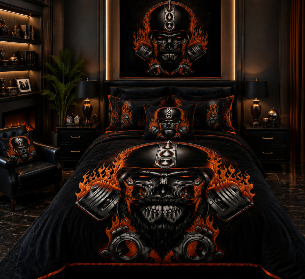 Black & Orange Flaming Biker Skull Luxury Plush Blanket – Motorcycle Engine Gothic Bedding