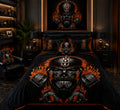 Black & Orange Flaming Biker Skull Luxury Plush Blanket – Motorcycle Engine Gothic Bedding