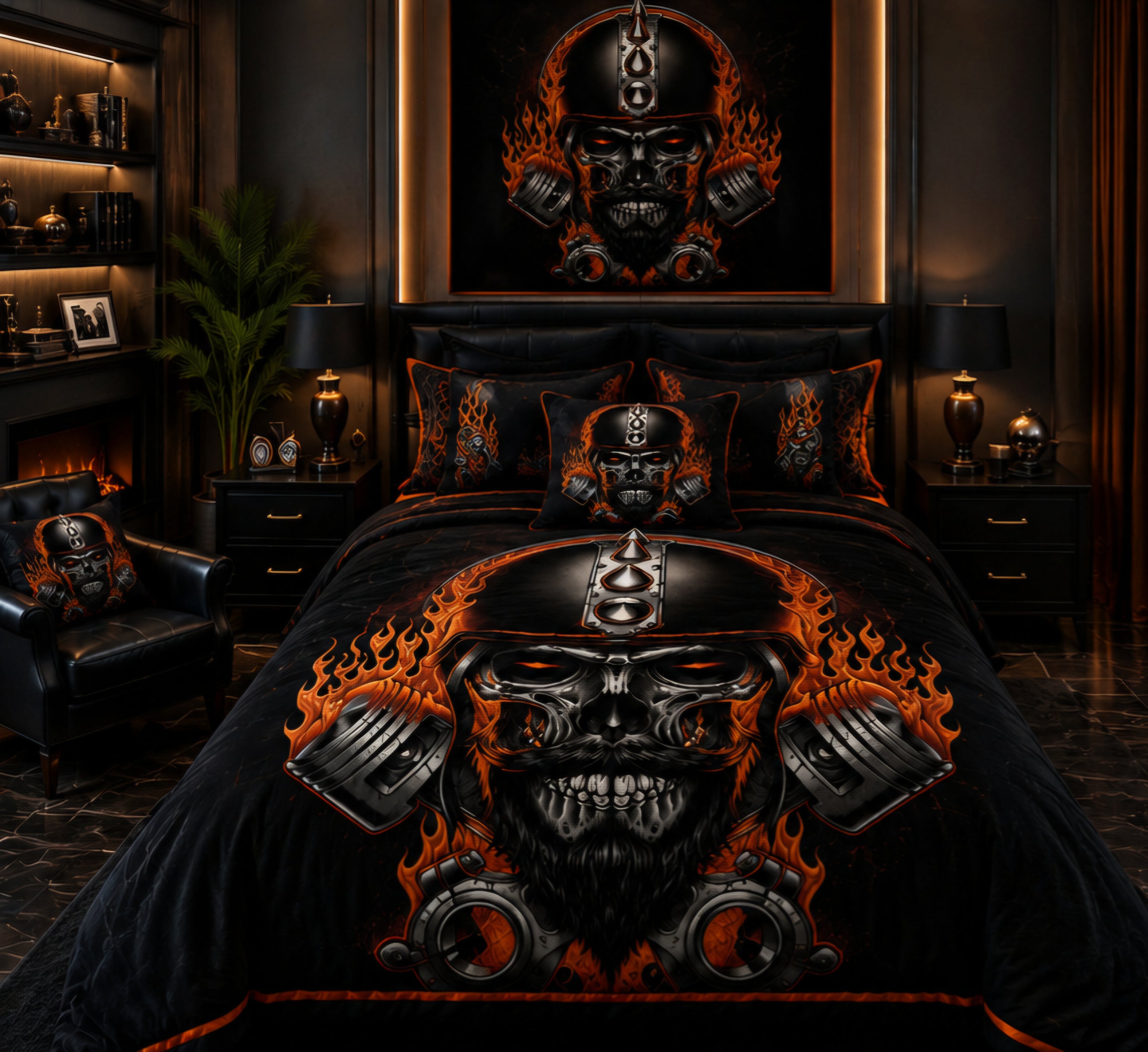 Black & Orange Flaming Biker Skull Luxury Plush Blanket – Motorcycle Engine Gothic Bedding