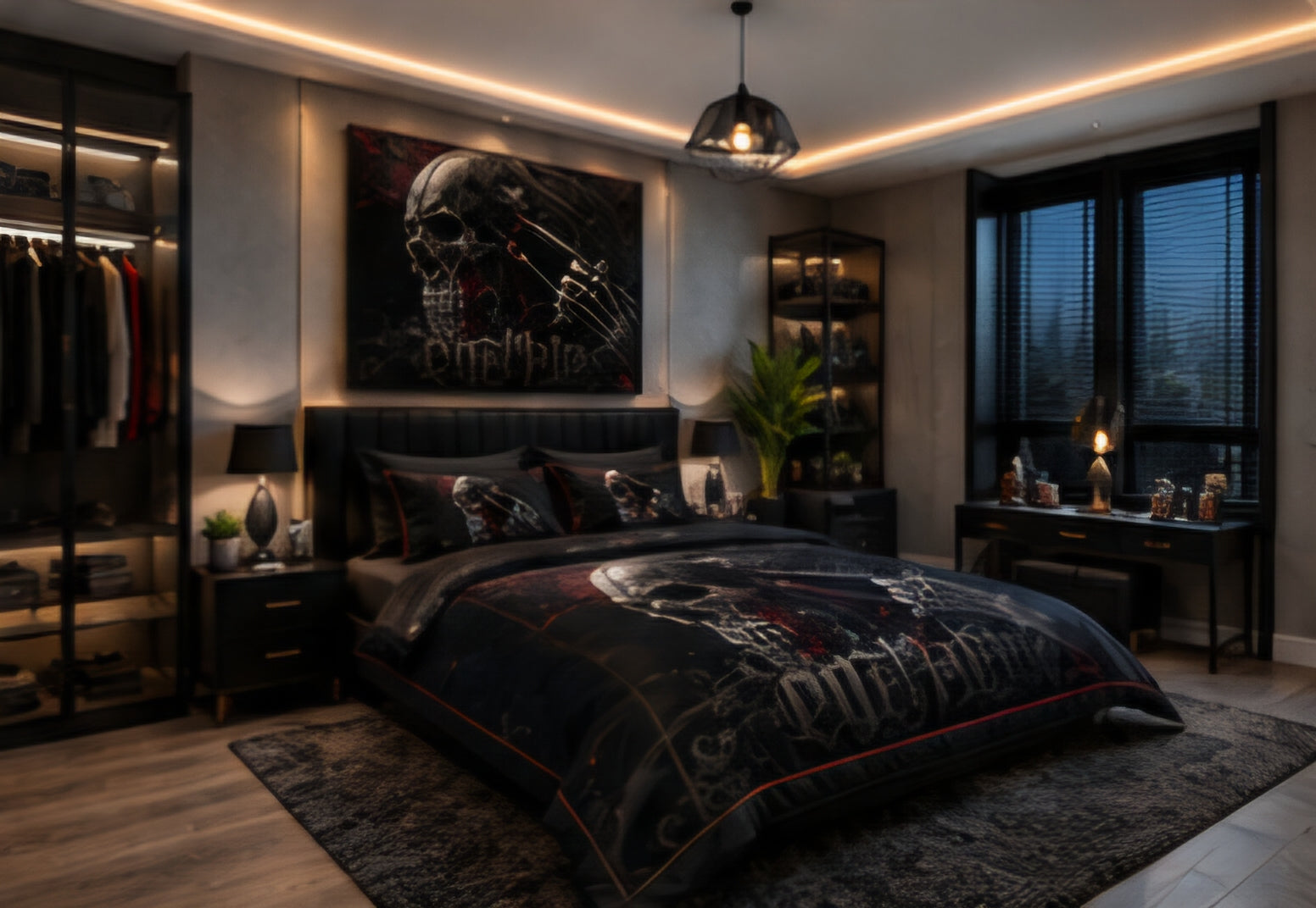 Dark Gothic Skull Revolver Luxury Plush Blanket – Black & Red Skull Statement Bedding