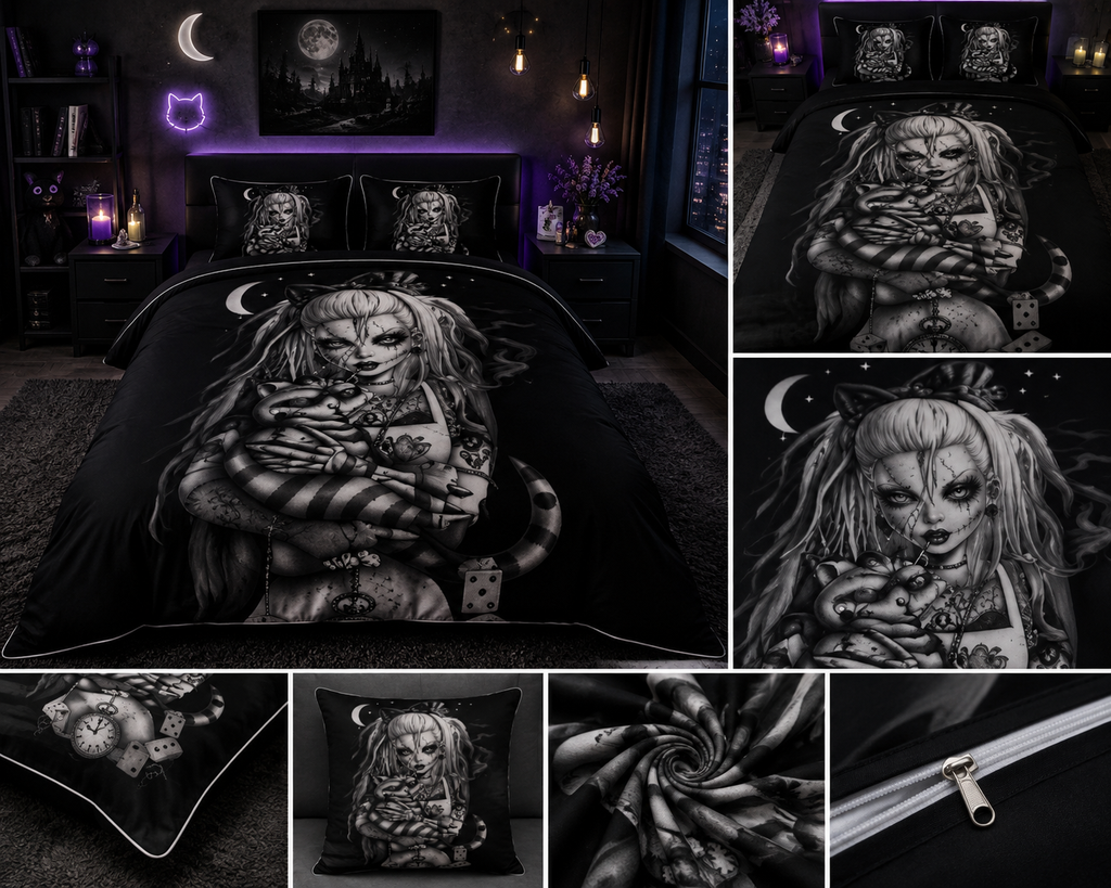Gothic Moonlight Girl & Cat Comforter Set – Dark Fantasy Black Bedding