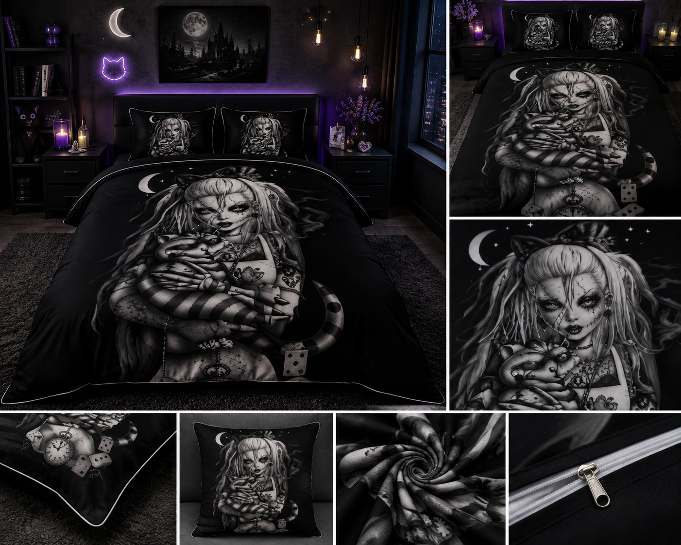 Gothic Moonlight Girl & Cat Comforter Set – Dark Fantasy Black Bedding