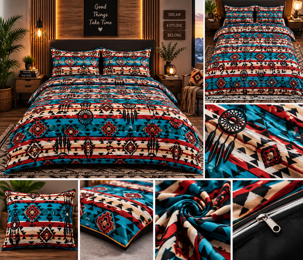 Southwestern Dreamcatcher Comforter Set – Boho Tribal Turquoise & Red Bedding