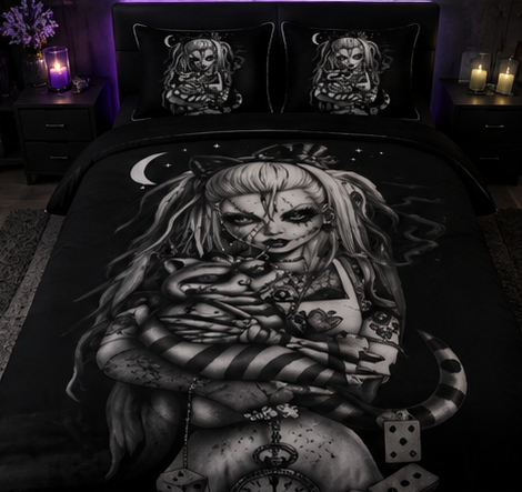 Gothic Moonlight Girl & Cat Comforter Set – Dark Fantasy Black Bedding