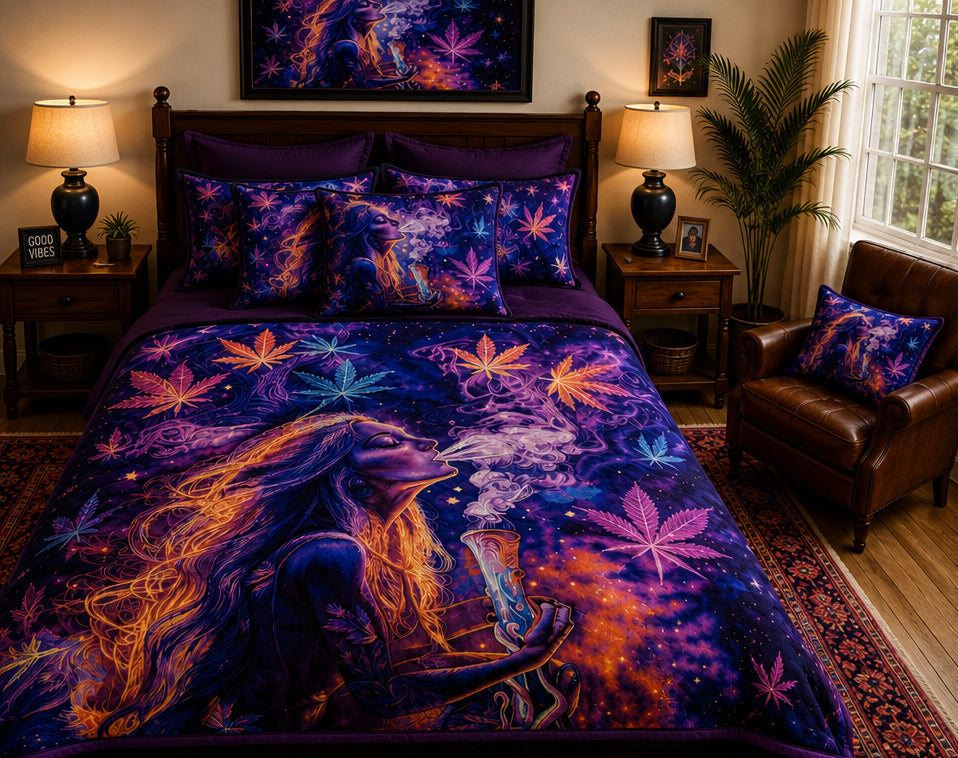 Purple Cosmic Fantasy Cannabis Leaf Luxury Plush Blanket – Psychedelic Woman Art Bedding