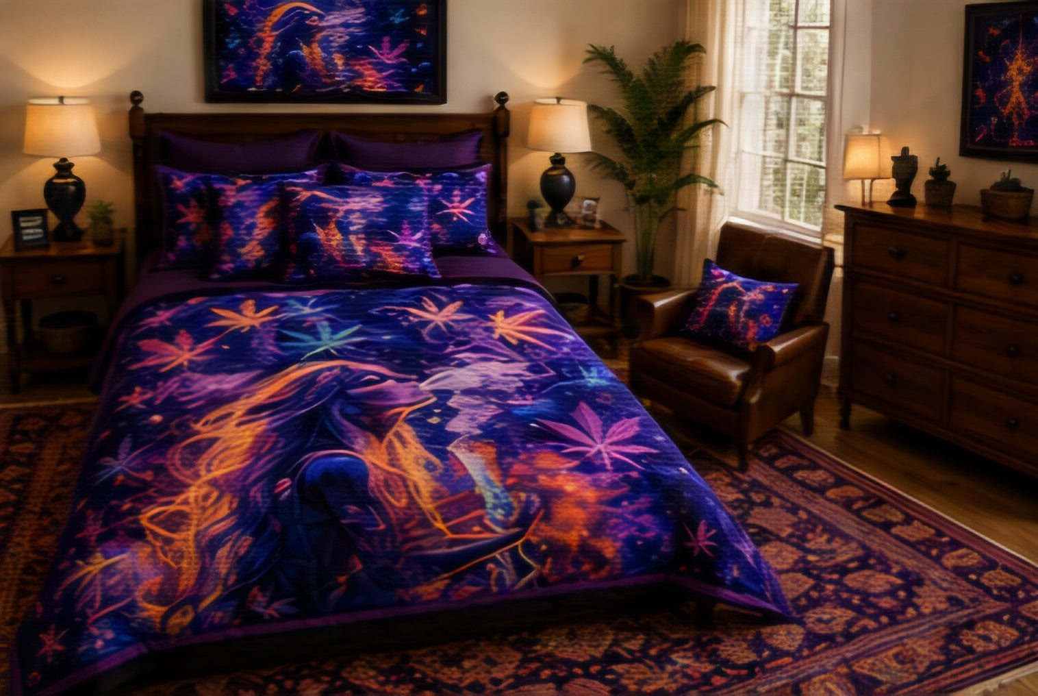 Purple Cosmic Fantasy Cannabis Leaf Luxury Plush Blanket – Psychedelic Woman Art Bedding
