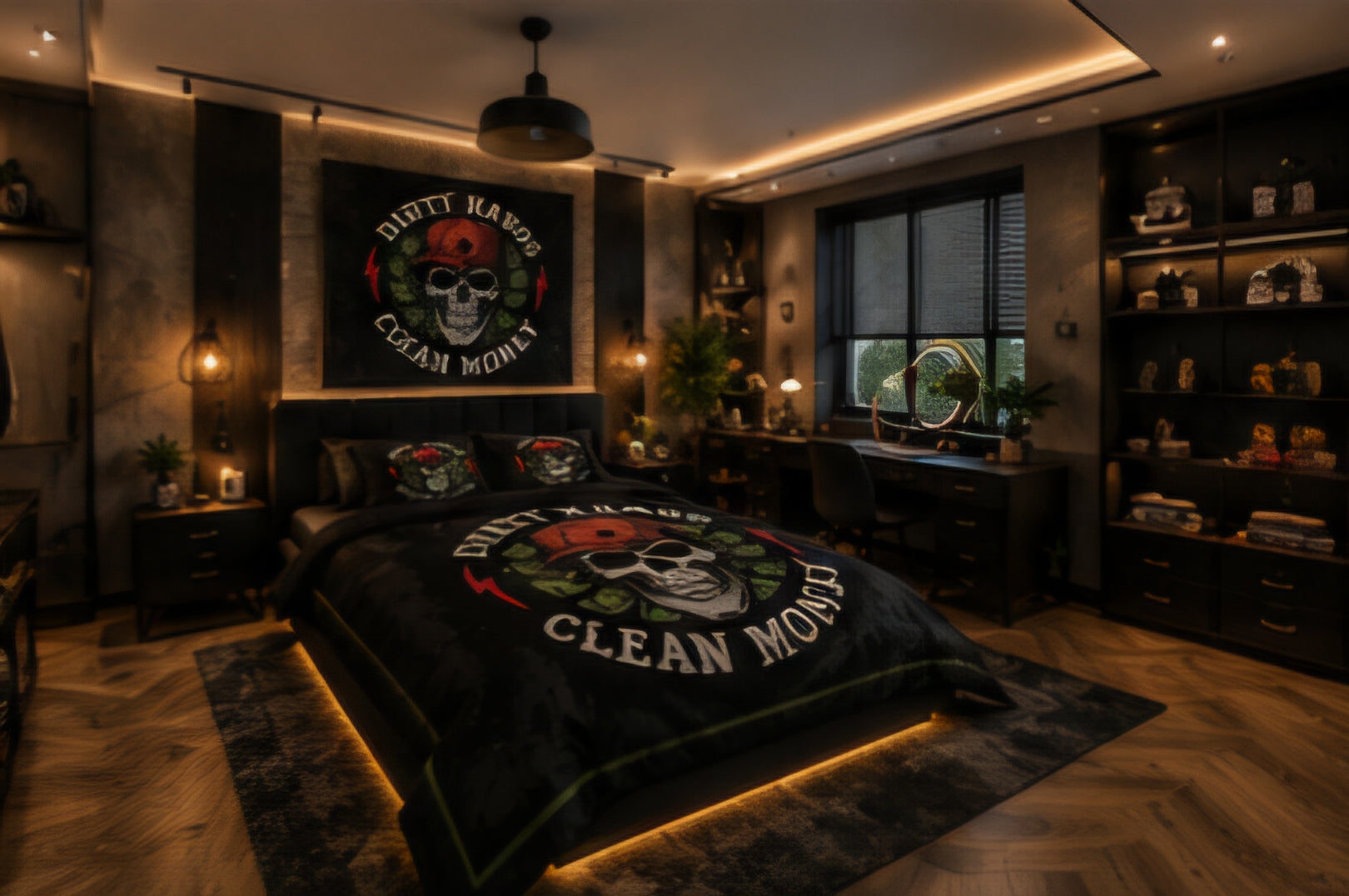Dirty Hands Clean Money Skull Luxury Plush Blanket – Black Red & Green Urban Gothic Bedding