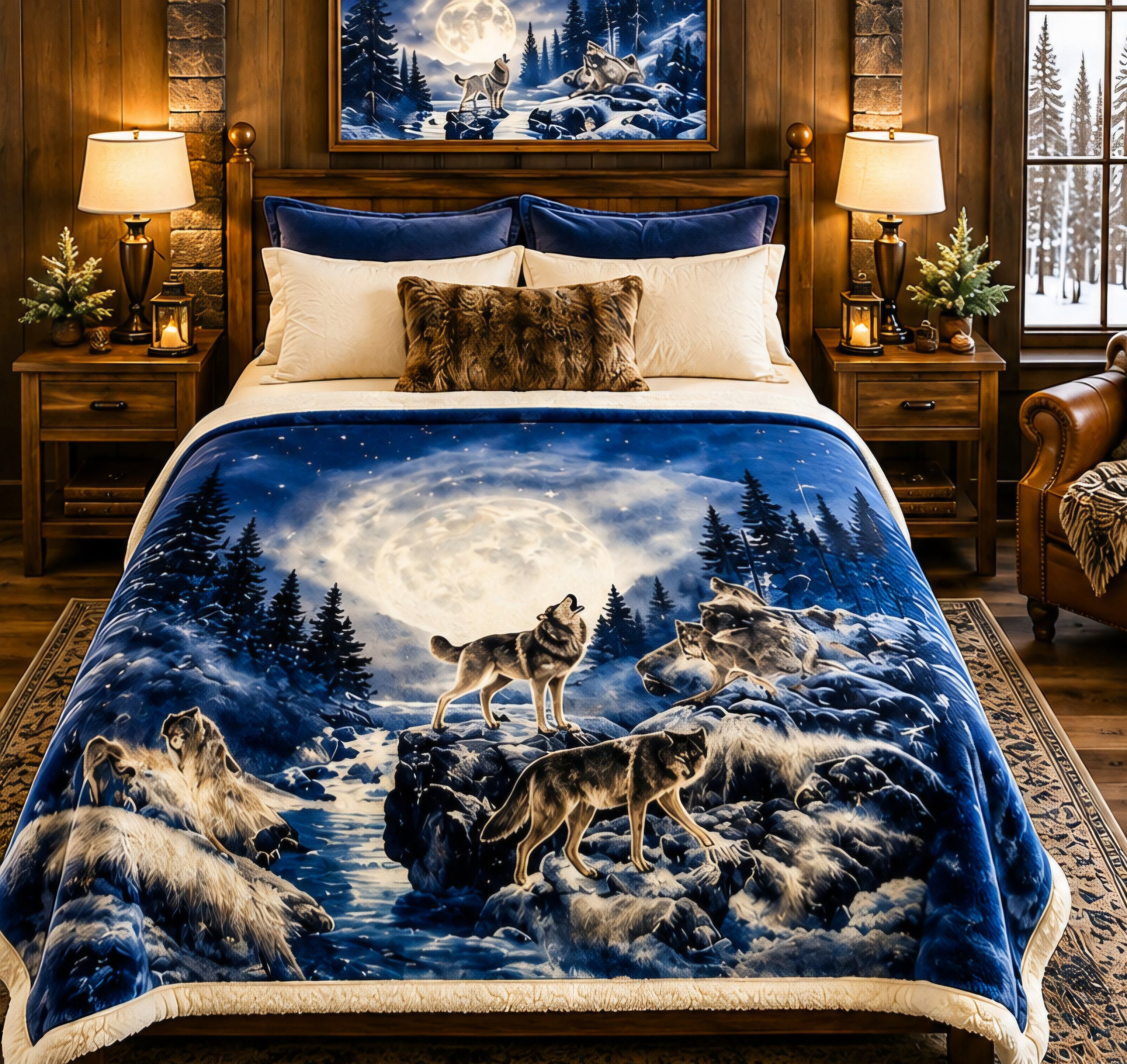 Moonlit Wolves Winter Wilderness Luxury Plush Blanket