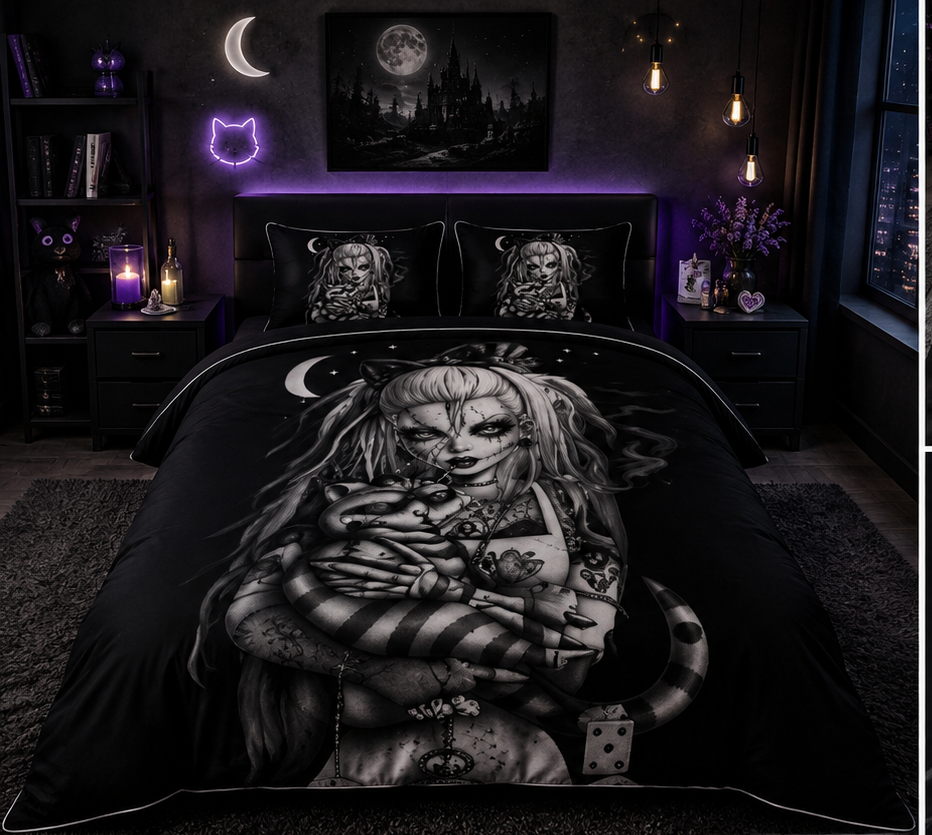 Gothic Moonlight Girl & Cat Comforter Set – Dark Fantasy Black Bedding