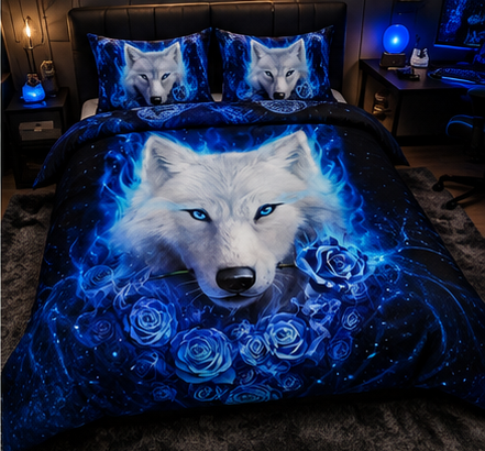 Mystic Blue Wolf & Roses Comforter Set – Fantasy Galaxy Luxury Bedding
