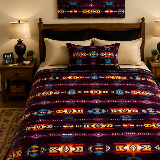Purple Southwestern Geometric Luxury Plush Blanket – Colorful Tribal-Inspired Design