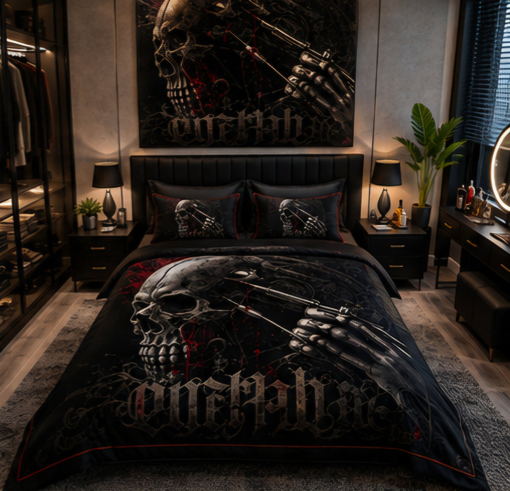 Dark Gothic Skull Revolver Luxury Plush Blanket – Black & Red Skull Statement Bedding