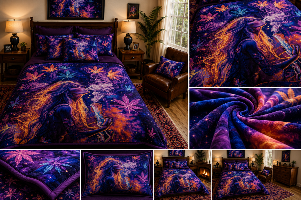 Purple Cosmic Fantasy Cannabis Leaf Luxury Plush Blanket – Psychedelic Woman Art Bedding