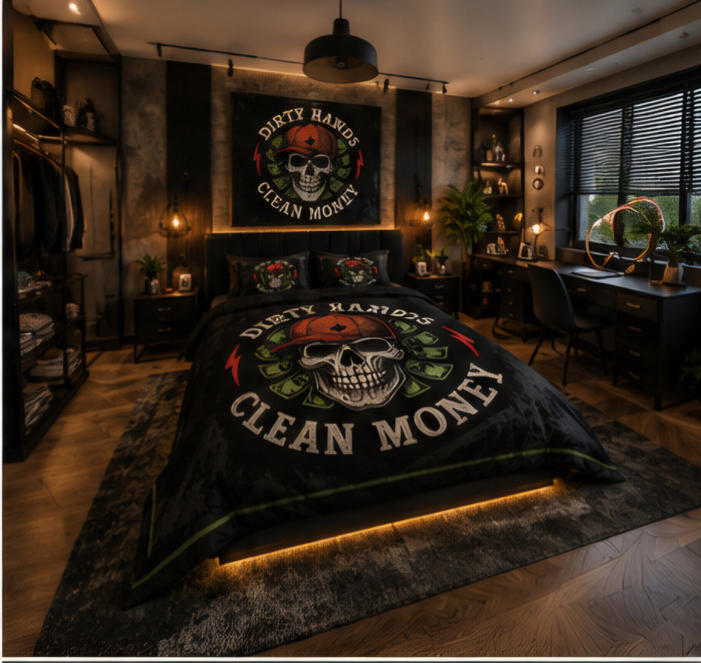 Dirty Hands Clean Money Skull Luxury Plush Blanket – Black Red & Green Urban Gothic Bedding
