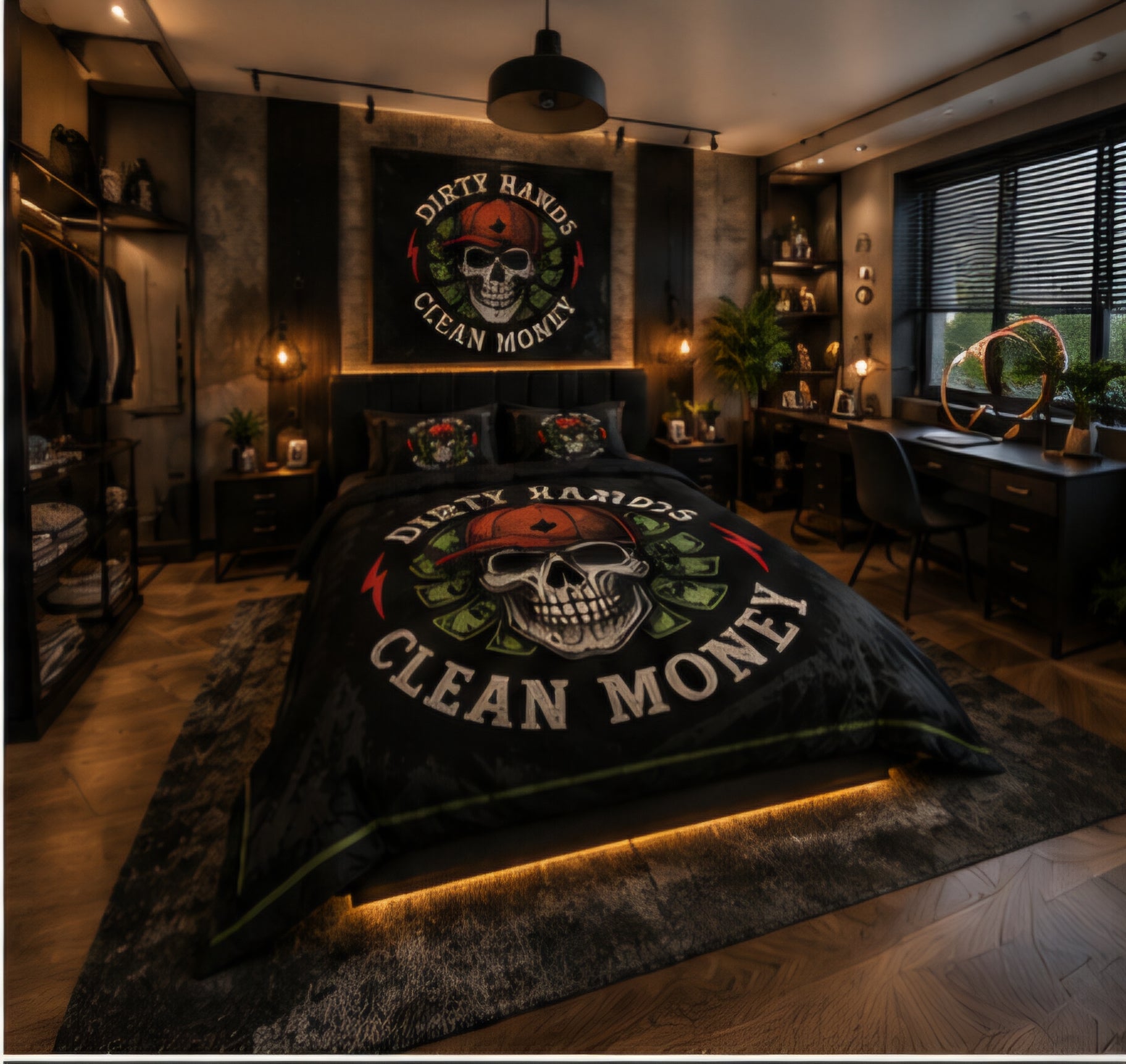 Dirty Hands Clean Money Skull Luxury Plush Blanket – Black Red & Green Urban Gothic Bedding