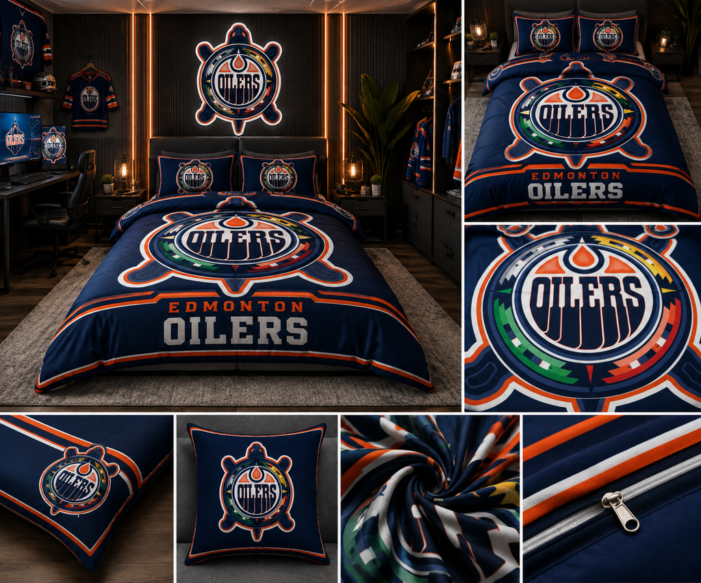 Edmonton Oilers Hockey Comforter Set – Navy Blue & Orange Fan Bedding