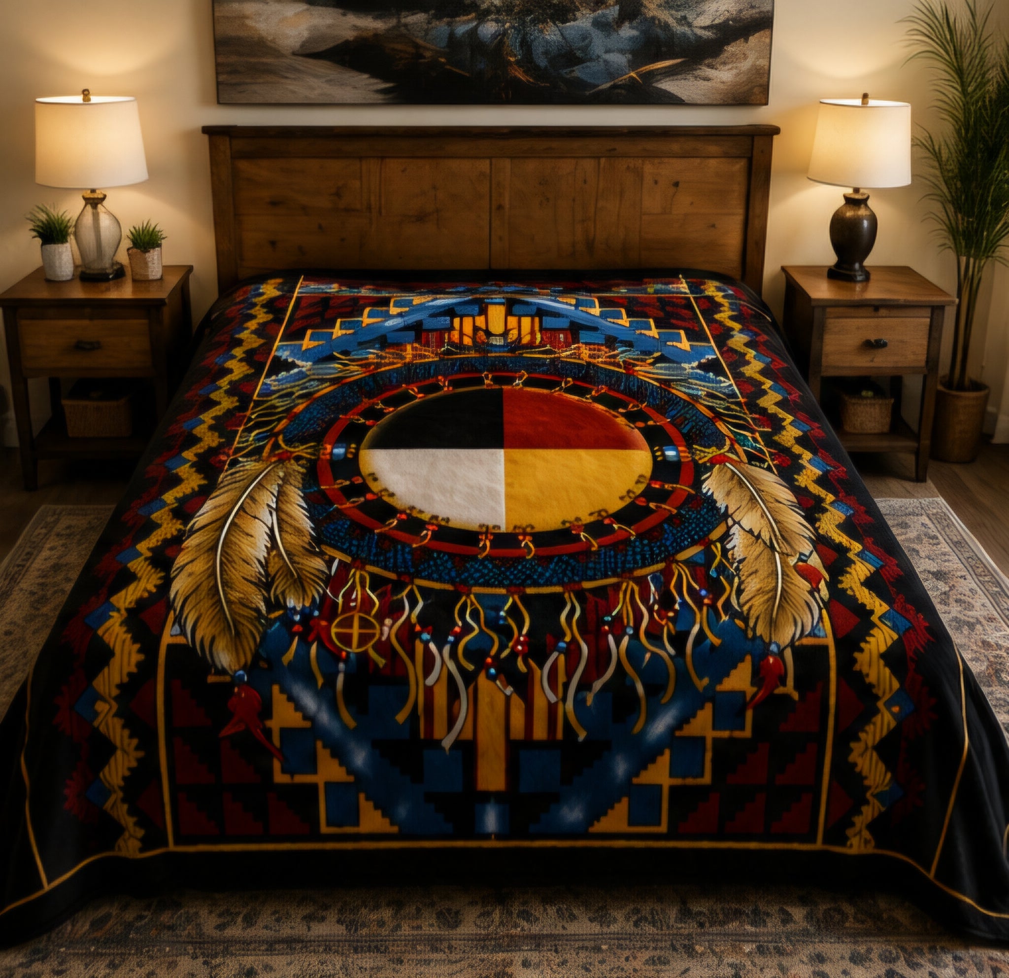 Native-Inspired Medicine Wheel & Feather Luxury Plush Blanket
