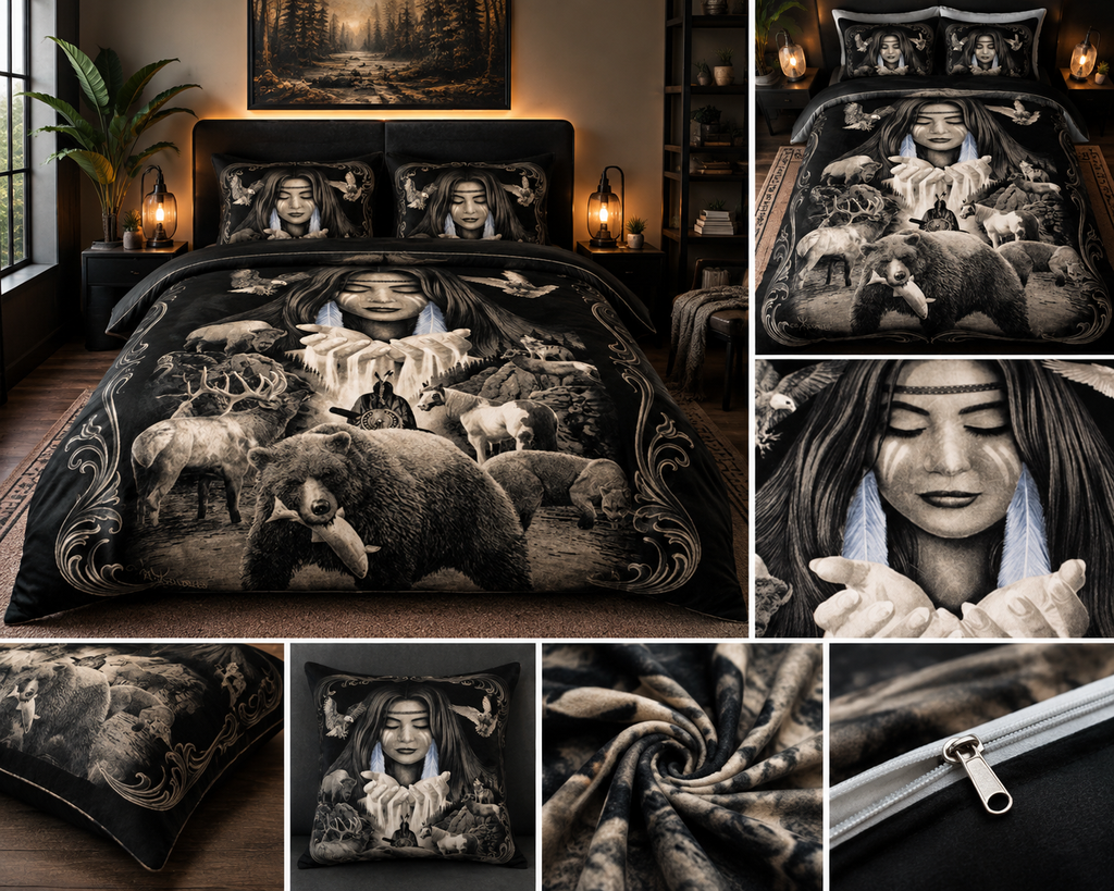 Spirit of the Wild Comforter Set – Indigenous-Inspired Woman, Bear & Wildlife Bedding