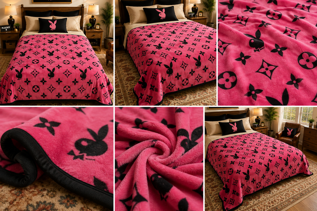 Pink & Black Bunny Monogram Luxury Plush Blanket