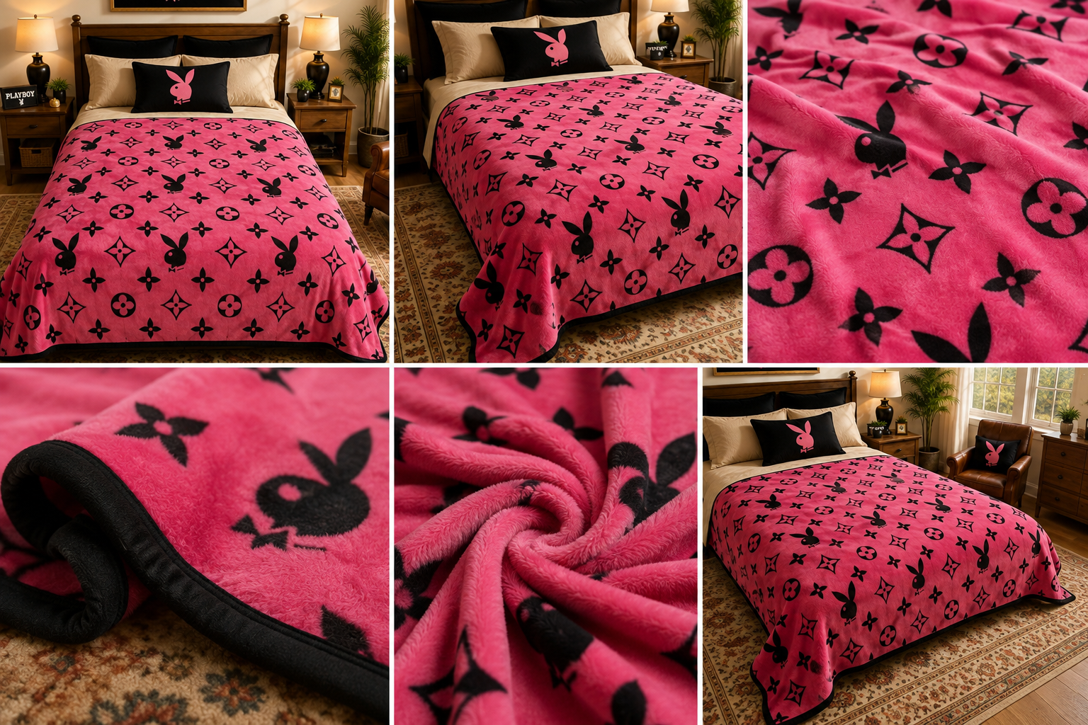 Pink & Black Bunny Monogram Luxury Plush Blanket