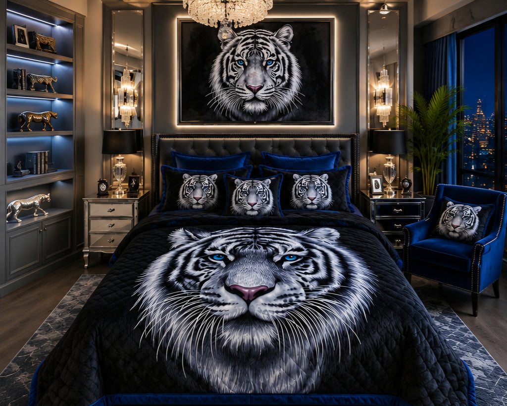 Majestic White Tiger Blue Eyes Luxury Plush Blanket – Black & Royal Blue Wildlife Bedding