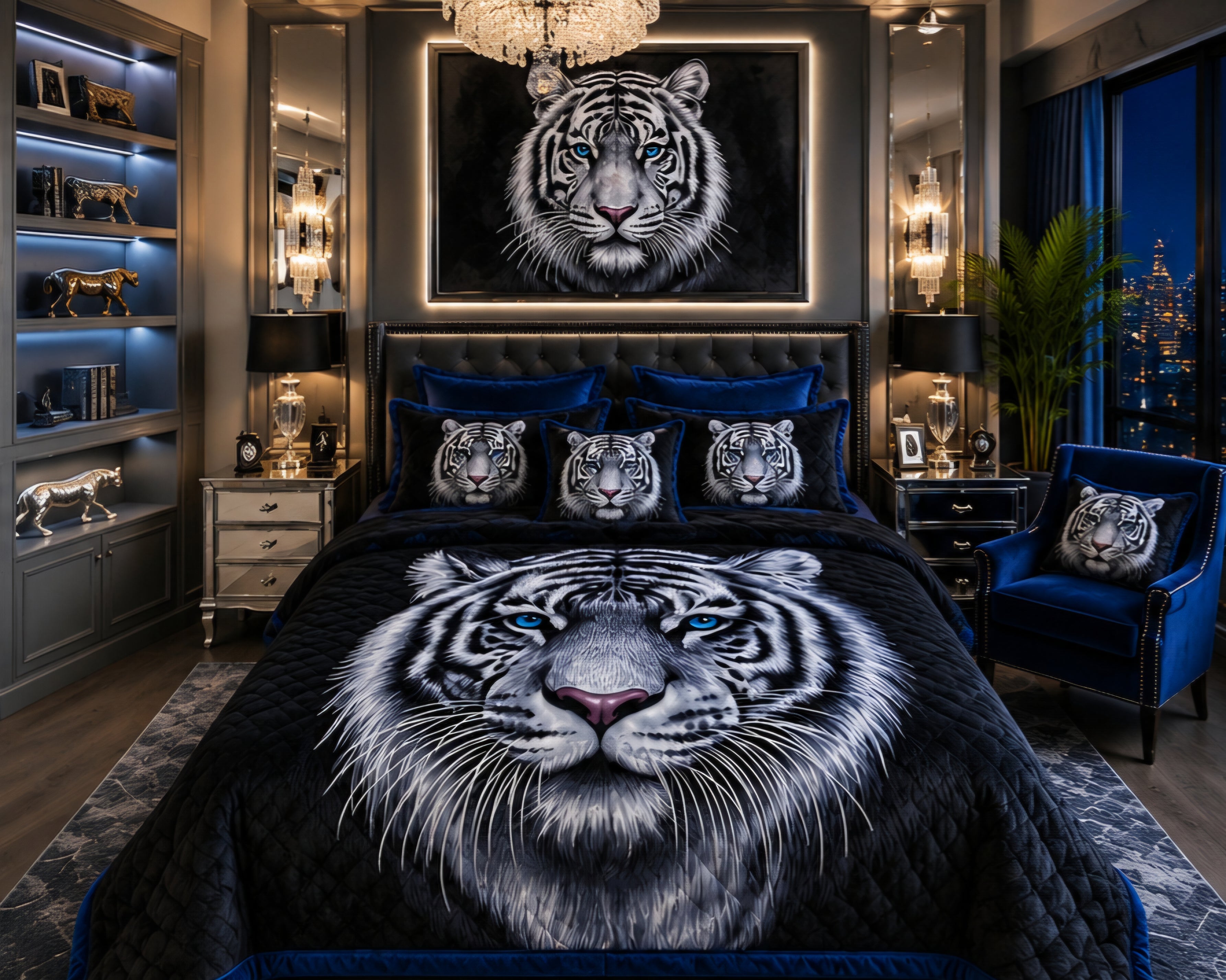 Majestic White Tiger Blue Eyes Luxury Plush Blanket – Black & Royal Blue Wildlife Bedding