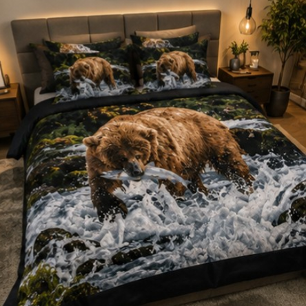 Grizzly Bear Fishing in Mountain River Luxury Plush Blanket – Rustic Wildlife Nature Bedding