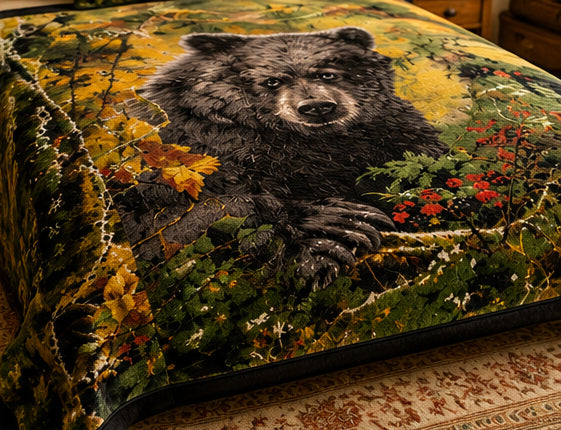 Black Bear Forest Wildlife Luxury Plush Blanket – Rustic Woodland Nature Bedding