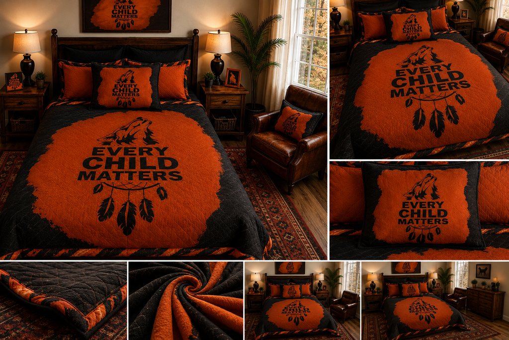 Every Child Matters Orange & Black Indigenous-Inspired Plush Blanket – Meaningful Wolf & Dreamcatcher Design