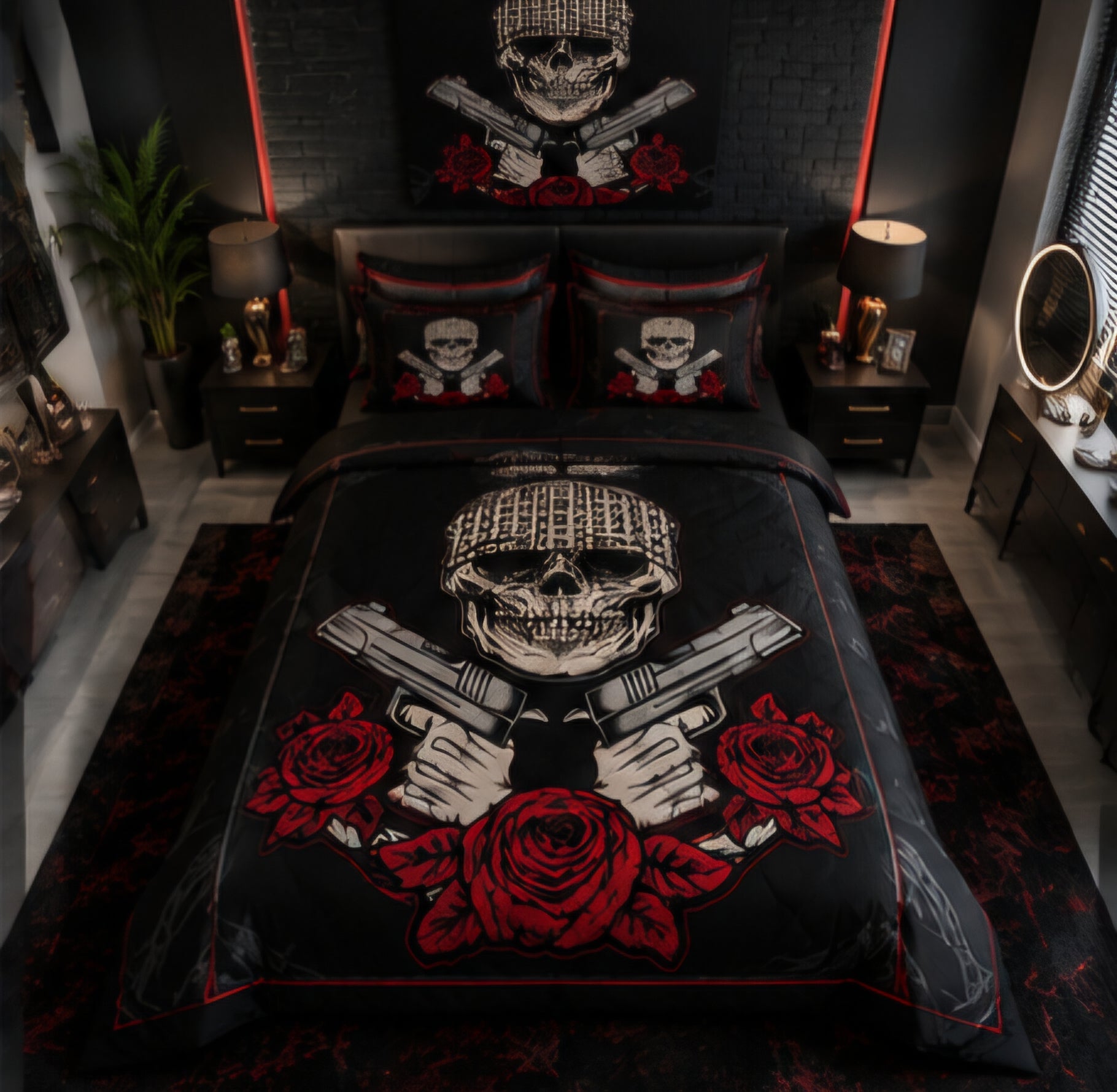 Black Skull & Red Roses Gothic Luxury Plush Blanket – Bold Dark Biker Style Bedding