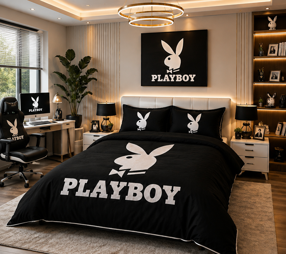 Playboy Black & White Luxury Comforter Set - Iconic Bunny Logo Premium Bedding