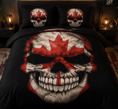 Canadian Skull Comforter Set – Red & White Maple Leaf Biker Style Bedding