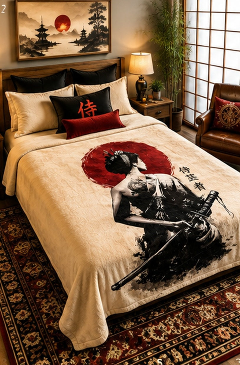 Japanese Samurai Red Sun Luxury Plush Blanket