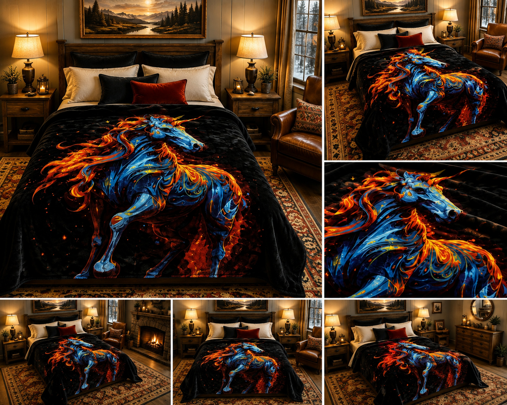 Midnight Fire Horse Luxury Plush Blanket